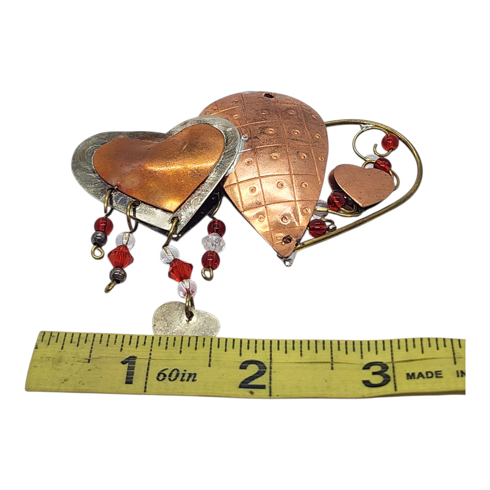 Vintage BIG Multi Puffy Heart Dangle Brooch Pin Red Beads Mixed Metal Handmade - Picture 3 of 6